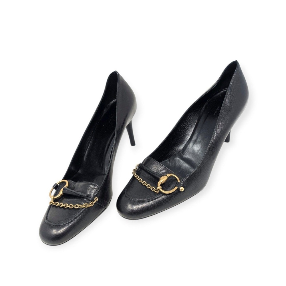 Gucci Black Leather Horsebit Chain Loafer Pumps Gold Hardware Heels US 8.5